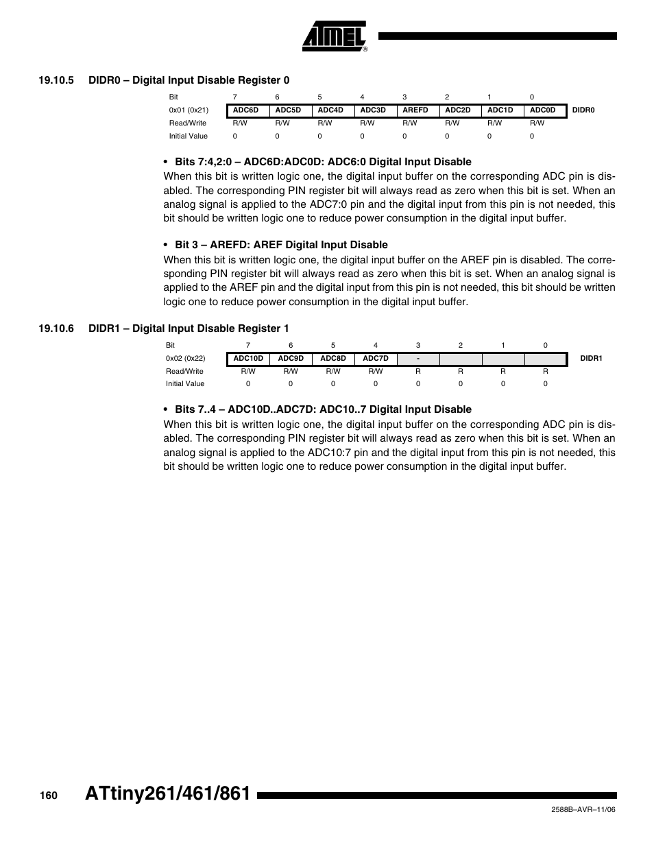 5 didr0 - digital input disable register 0, 6 didr1 - digital input disable register 1, Didr1 – digital input dis | Rainbow Electronics ATtiny861_V User Manual | Page 160 / 236