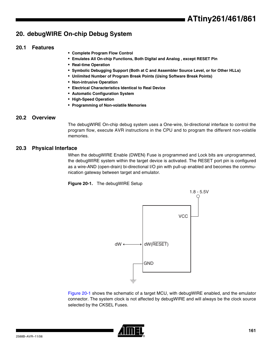 Debugwire on-chip debug system, 1 features, 2 overview | 3 physical interface | Rainbow Electronics ATtiny861_V User Manual | Page 161 / 236