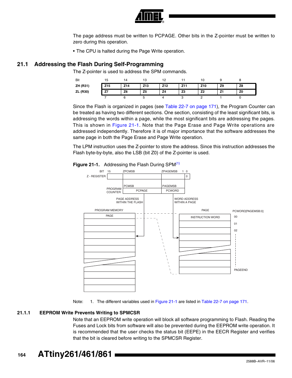 1 addressing the flash during self-programming, 1 eeprom write prevents writing to spmcsr | Rainbow Electronics ATtiny861_V User Manual | Page 164 / 236