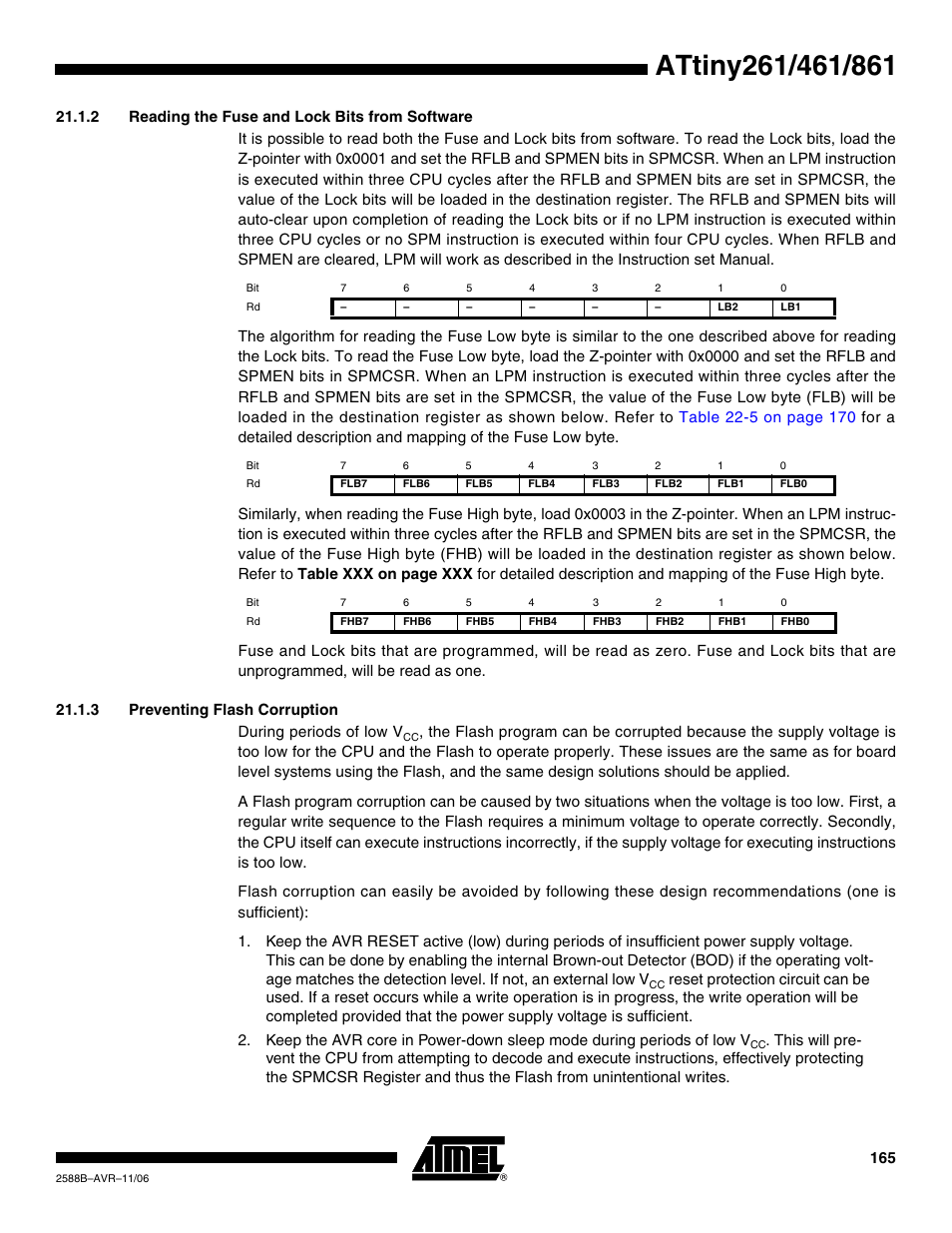 2 reading the fuse and lock bits from software, 3 preventing flash corruption | Rainbow Electronics ATtiny861_V User Manual | Page 165 / 236