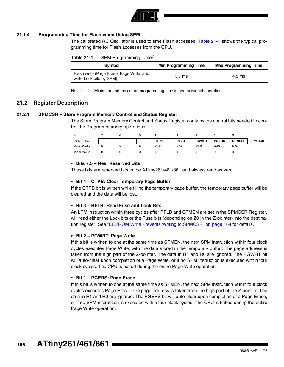 4 programming time for flash when using spm, 2 register description | Rainbow Electronics ATtiny861_V User Manual | Page 166 / 236