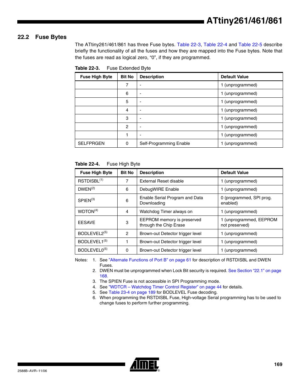 2 fuse bytes | Rainbow Electronics ATtiny861_V User Manual | Page 169 / 236