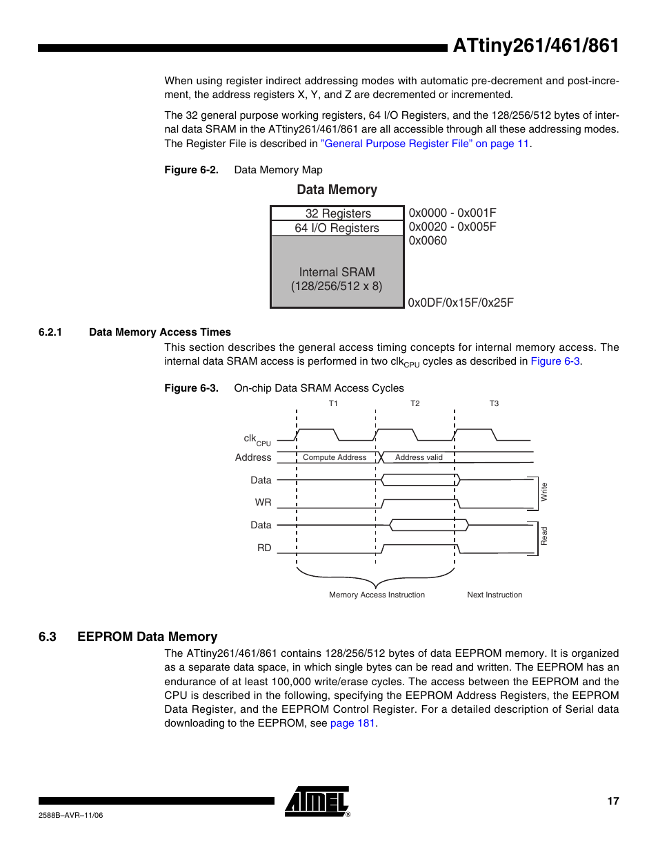 1 data memory access times, 3 eeprom data memory | Rainbow Electronics ATtiny861_V User Manual | Page 17 / 236