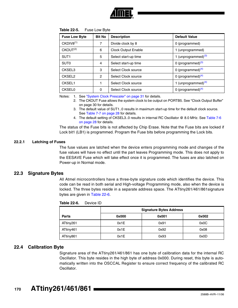 1 latching of fuses, 3 signature bytes, 4 calibration byte | Rainbow Electronics ATtiny861_V User Manual | Page 170 / 236