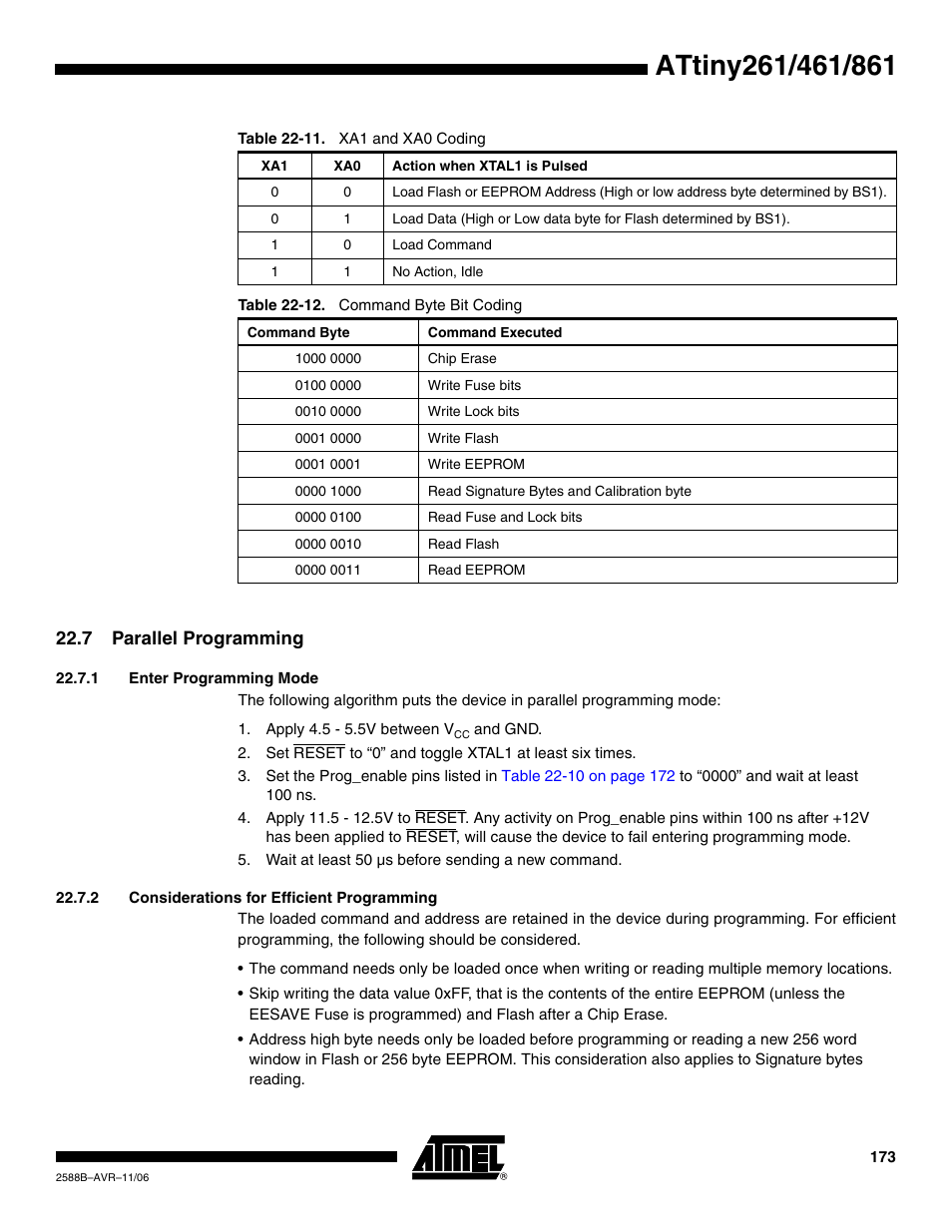 7 parallel programming, 1 enter programming mode, 2 considerations for efficient programming | Rainbow Electronics ATtiny861_V User Manual | Page 173 / 236