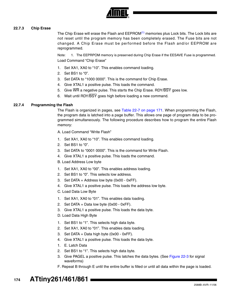 3 chip erase, 4 programming the flash | Rainbow Electronics ATtiny861_V User Manual | Page 174 / 236