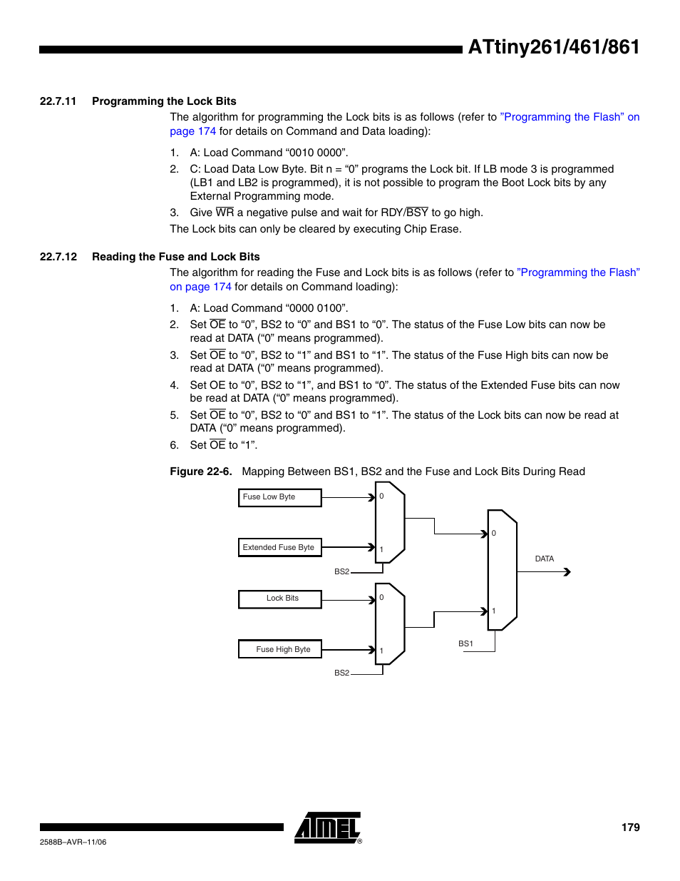 11 programming the lock bits, 12 reading the fuse and lock bits | Rainbow Electronics ATtiny861_V User Manual | Page 179 / 236