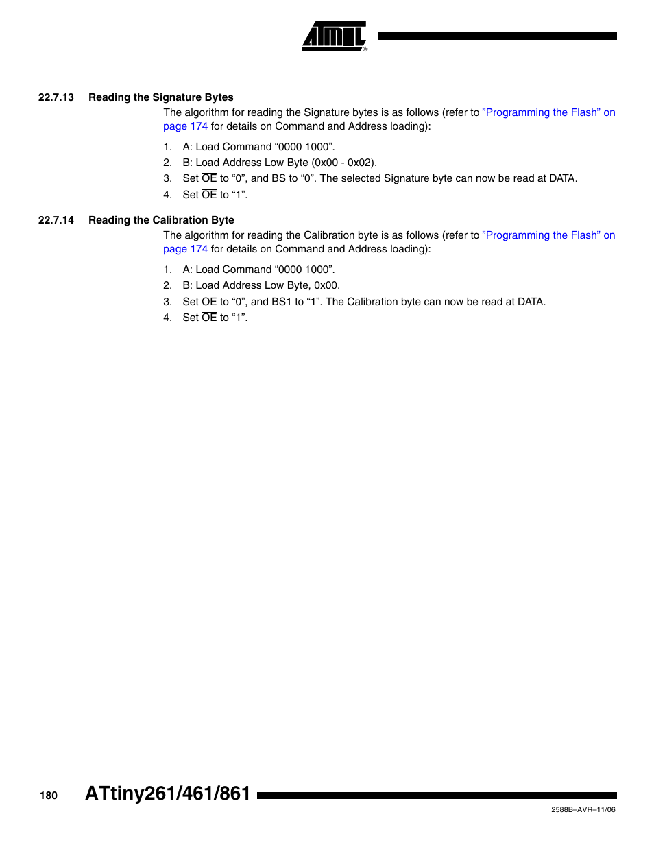 13 reading the signature bytes, 14 reading the calibration byte | Rainbow Electronics ATtiny861_V User Manual | Page 180 / 236