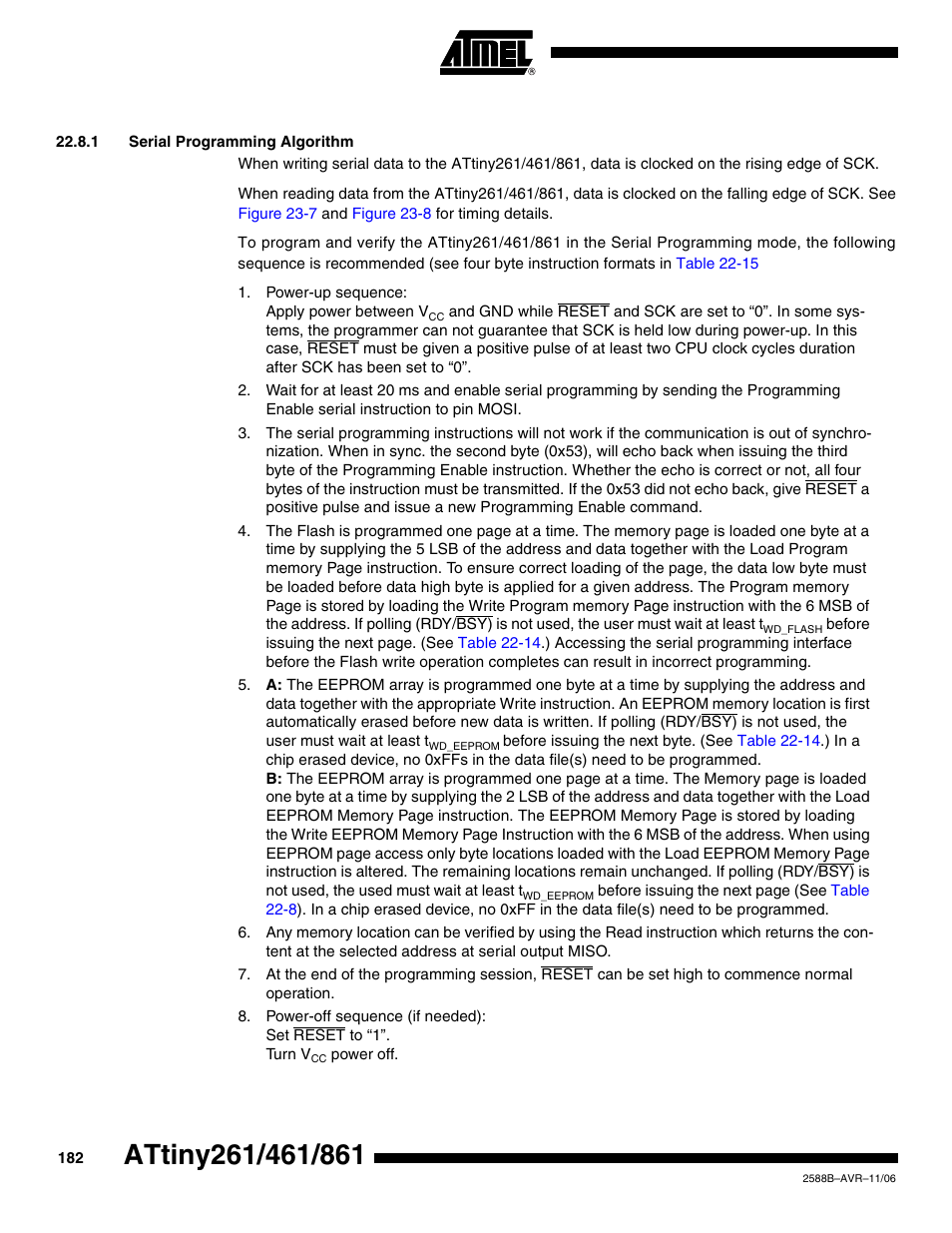 1 serial programming algorithm | Rainbow Electronics ATtiny861_V User Manual | Page 182 / 236