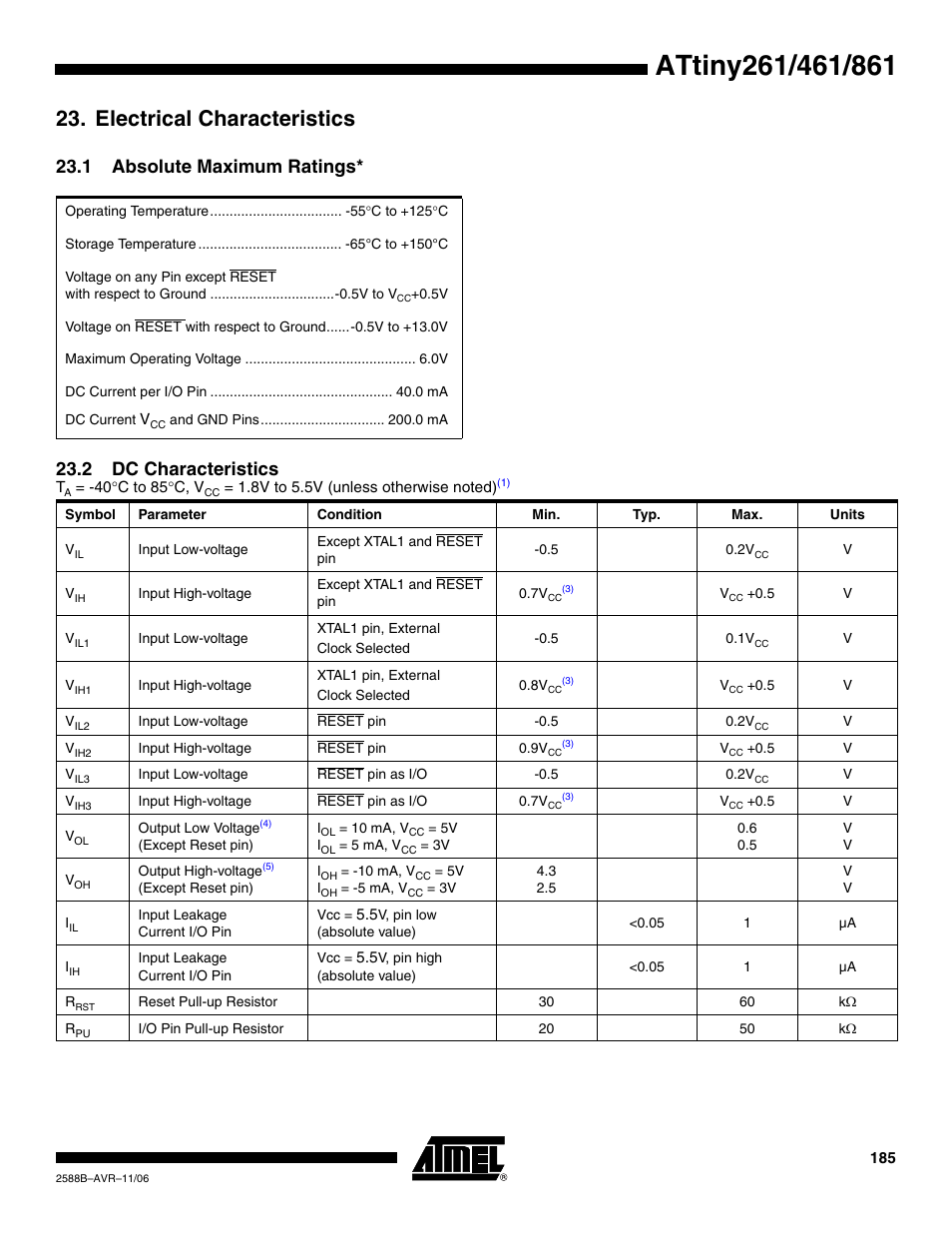 Electrical characteristics, 1 absolute maximum ratings, 2 dc characteristics | Electrical char | Rainbow Electronics ATtiny861_V User Manual | Page 185 / 236