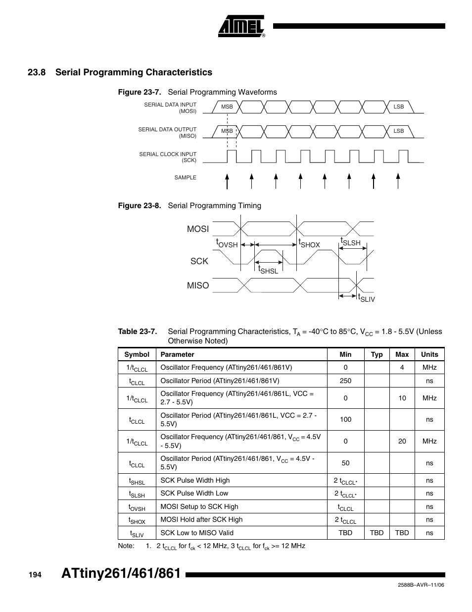 8 serial programming characteristics, Mosi miso sck t | Rainbow Electronics ATtiny861_V User Manual | Page 194 / 236