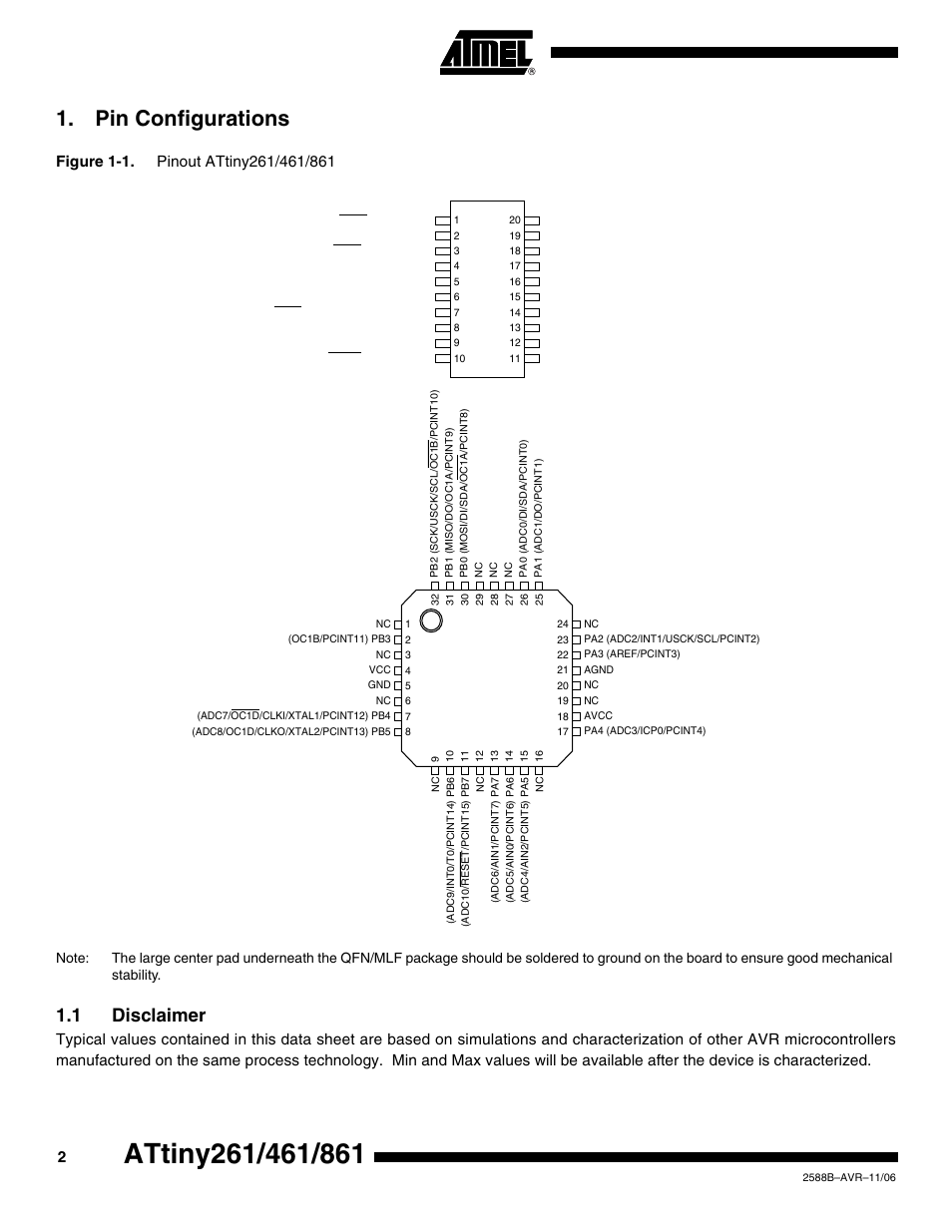 Pin configurations, 1 disclaimer | Rainbow Electronics ATtiny861_V User Manual | Page 2 / 236