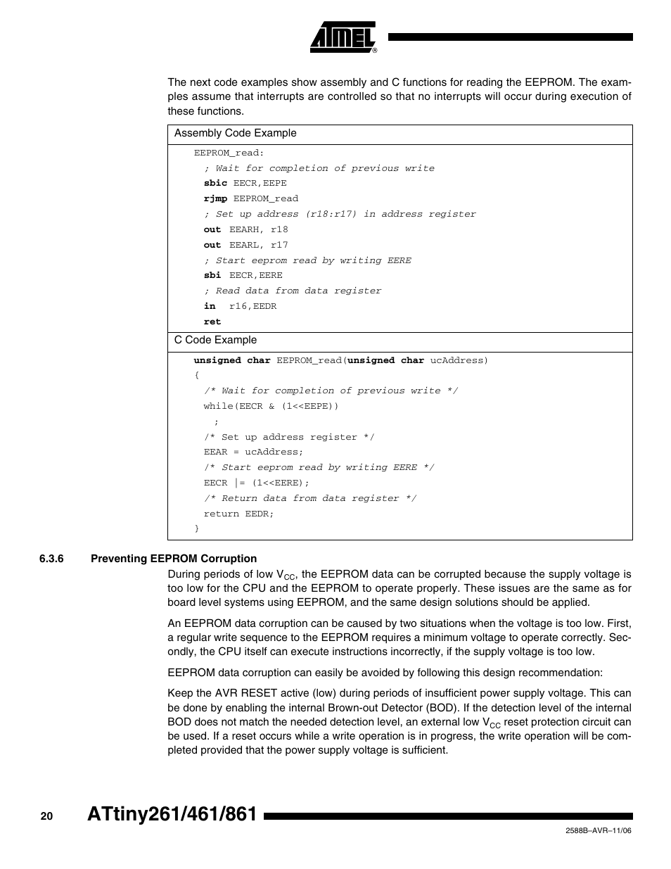 6 preventing eeprom corruption | Rainbow Electronics ATtiny861_V User Manual | Page 20 / 236