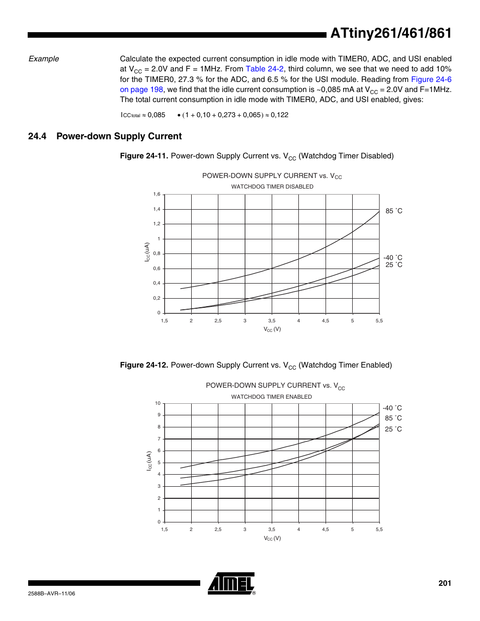 Example, 4 power-down supply current, Figure 24-11. power-down supply current vs. v | Watchdog timer enabled) | Rainbow Electronics ATtiny861_V User Manual | Page 201 / 236