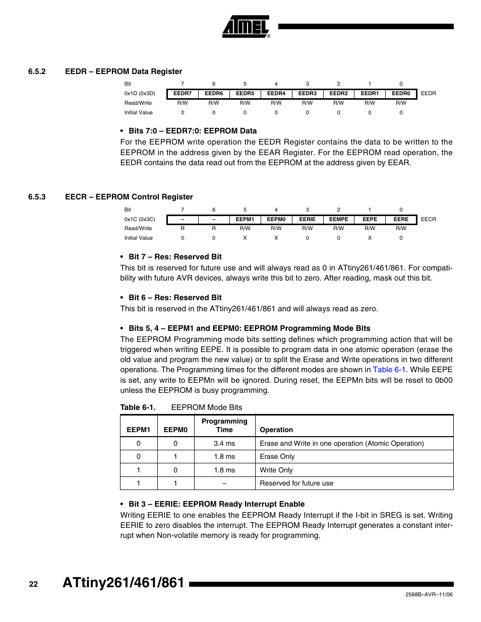 2 eedr - eeprom data register, 3 eecr - eeprom control register | Rainbow Electronics ATtiny861_V User Manual | Page 22 / 236