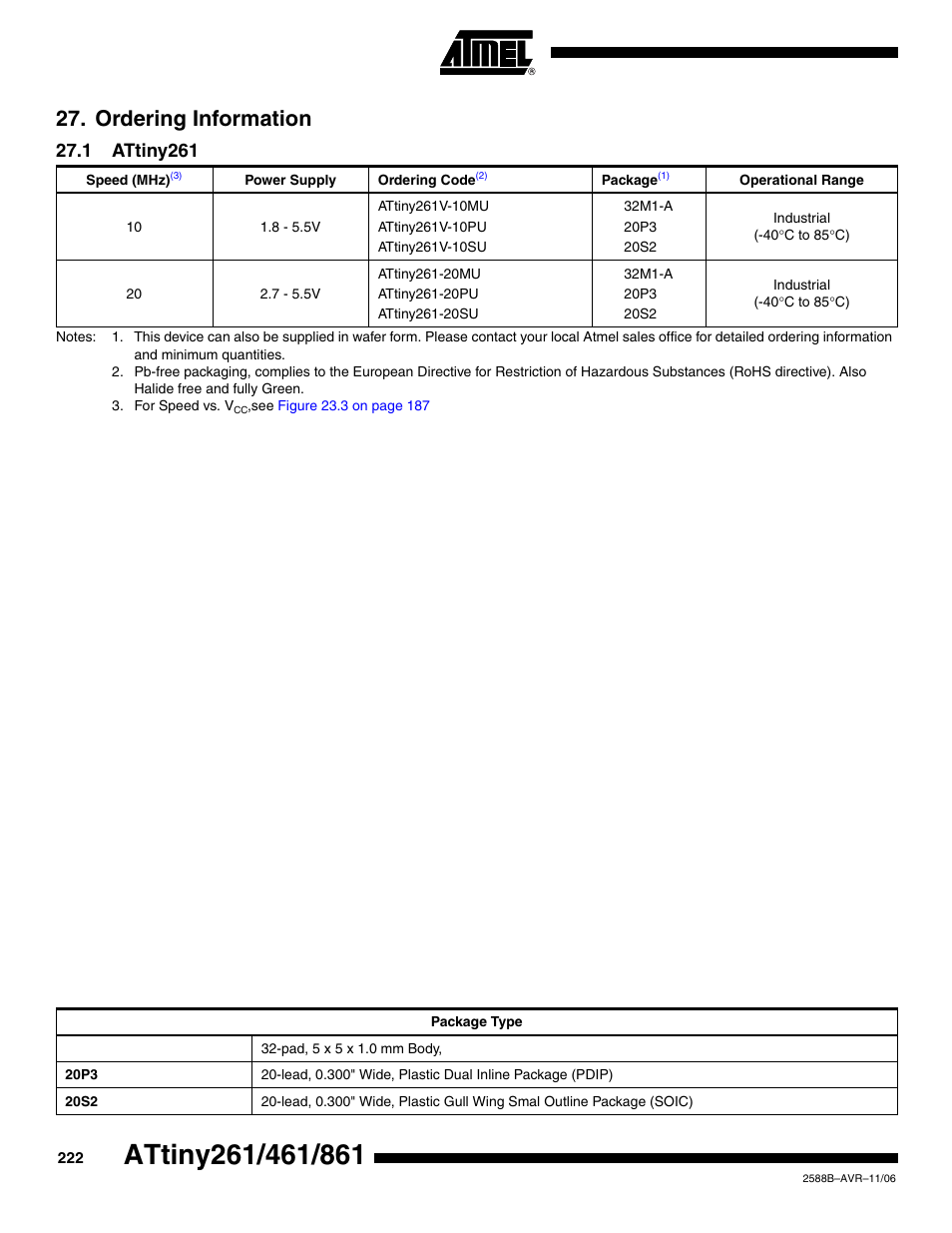Ordering information, 1 attiny261 | Rainbow Electronics ATtiny861_V User Manual | Page 222 / 236