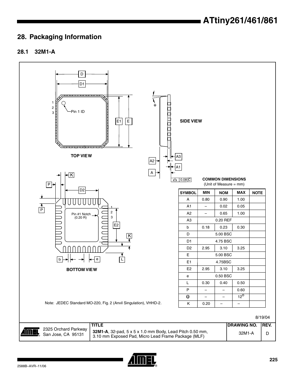 Packaging information, 1 32m1-a | Rainbow Electronics ATtiny861_V User Manual | Page 225 / 236