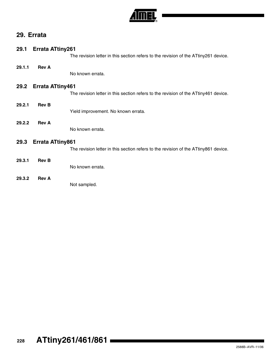 Errata, 1 errata attiny261, 1 rev a | 2 errata attiny461, 1 rev b, 2 rev a, 3 errata attiny861 | Rainbow Electronics ATtiny861_V User Manual | Page 228 / 236