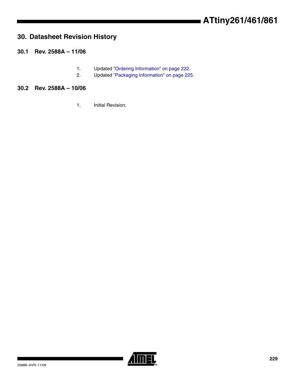 Datasheet revision history, 1 rev. 2588a - 11/06, 2 rev. 2588a - 10/06 | Rainbow Electronics ATtiny861_V User Manual | Page 229 / 236