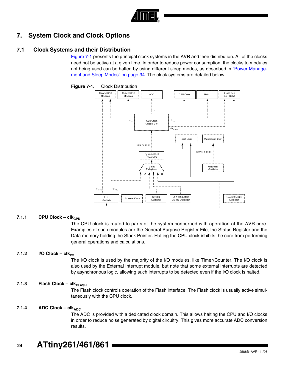 System clock and clock options, 1 clock systems and their distribution, 1 cpu clock - clkcpu | 2 i/o clock - clki/o, 3 flash clock - clkflash, 4 adc clock - clkadc | Rainbow Electronics ATtiny861_V User Manual | Page 24 / 236