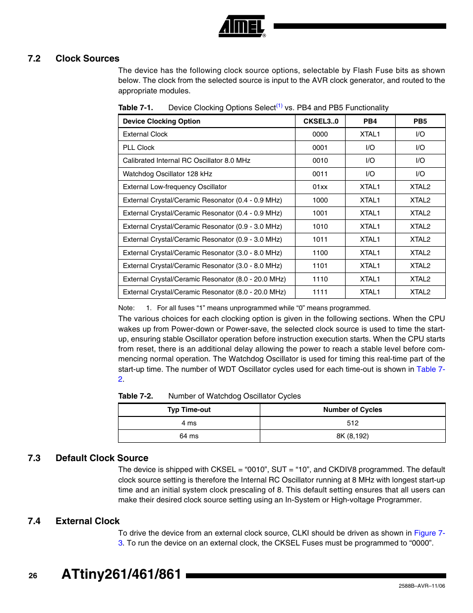 2 clock sources, 3 default clock source, 4 external clock | Rainbow Electronics ATtiny861_V User Manual | Page 26 / 236