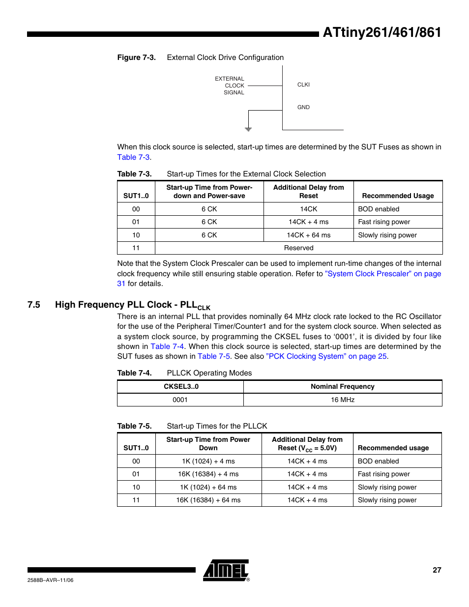 5 high frequency pll clock - pllclk, 5 high frequency pll clock - pll | Rainbow Electronics ATtiny861_V User Manual | Page 27 / 236
