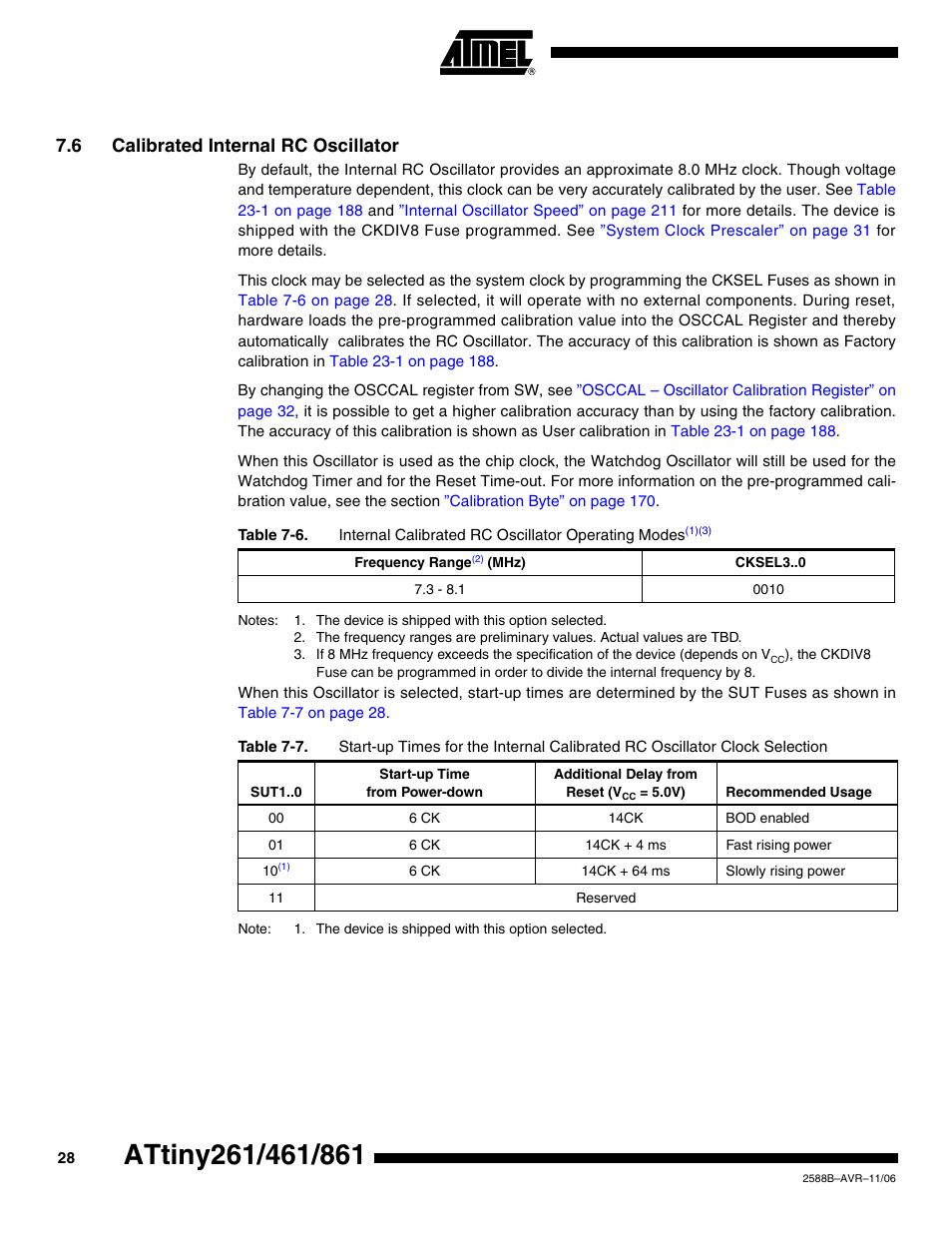 6 calibrated internal rc oscillator | Rainbow Electronics ATtiny861_V User Manual | Page 28 / 236