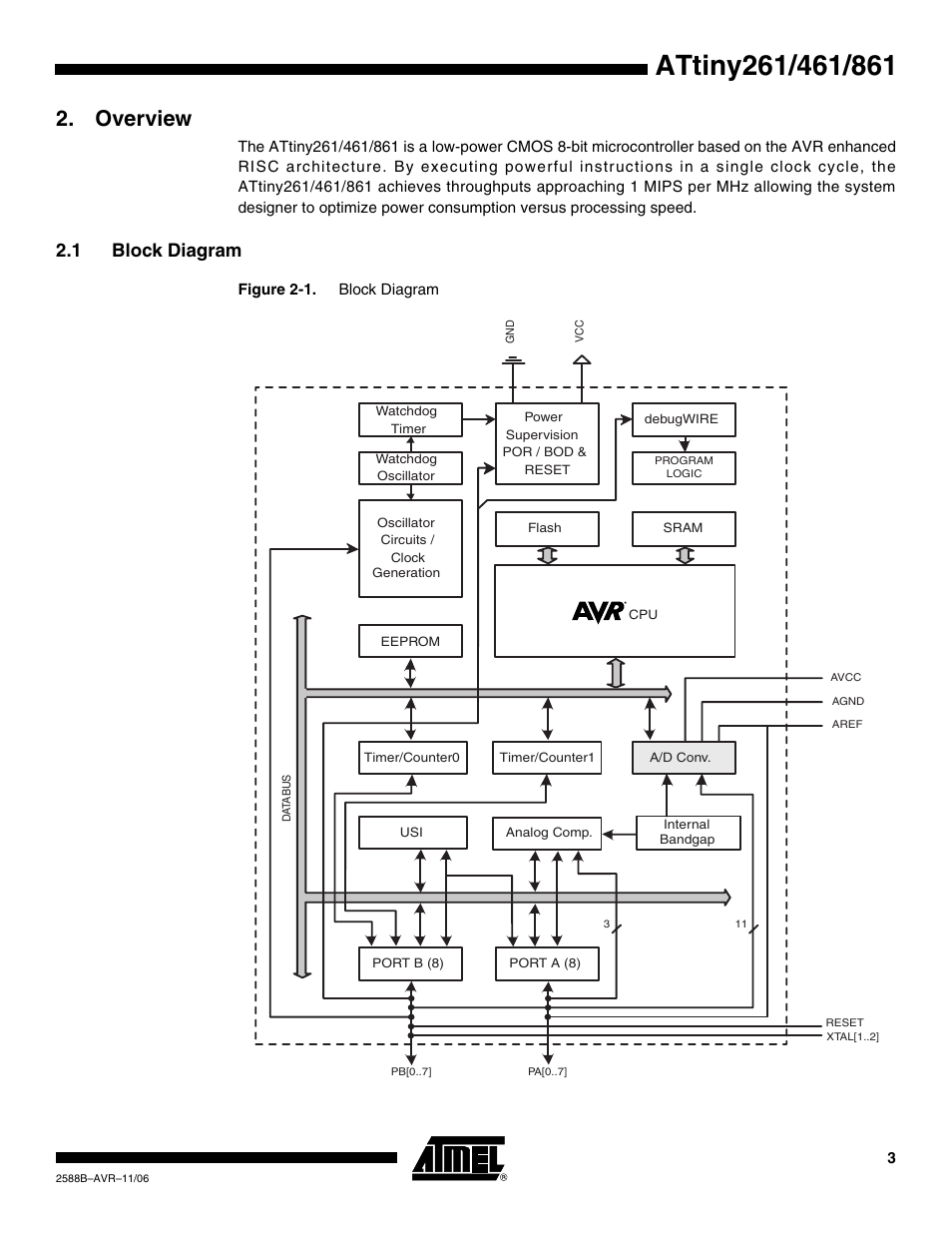 Overview, 1 block diagram | Rainbow Electronics ATtiny861_V User Manual | Page 3 / 236