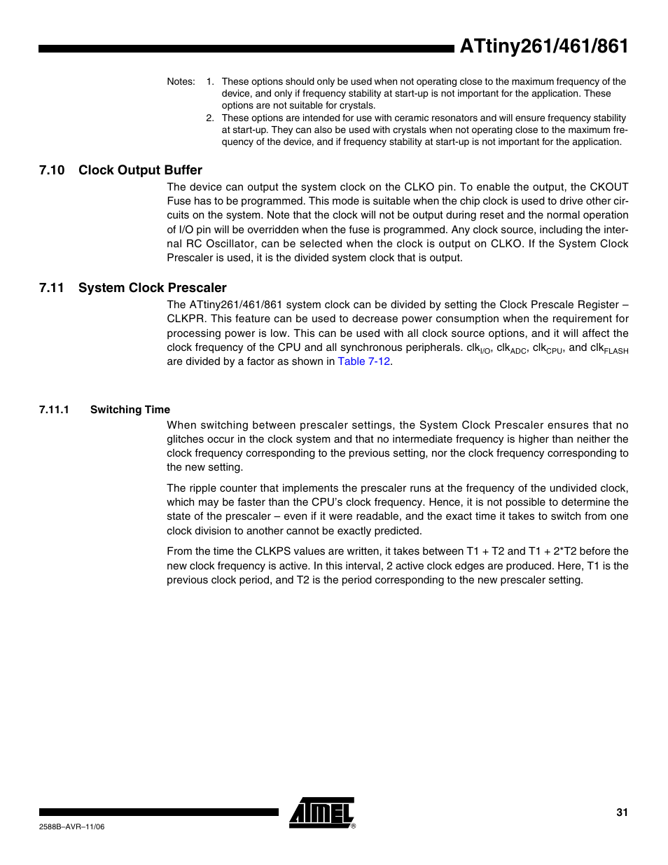 10 clock output buffer, 11 system clock prescaler, 1 switching time | Rainbow Electronics ATtiny861_V User Manual | Page 31 / 236