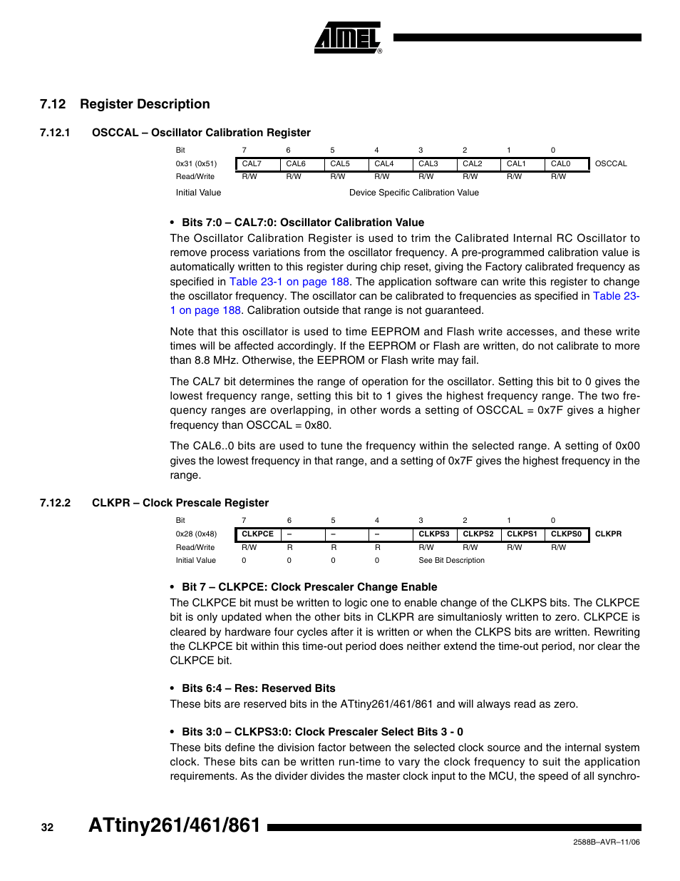 12 register description, 1 osccal - oscillator calibration register, 2 clkpr - clock prescale register | Osccal – oscillator calibration register” on | Rainbow Electronics ATtiny861_V User Manual | Page 32 / 236