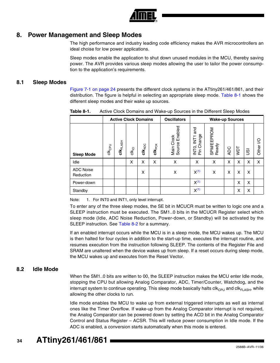Power management and sleep modes, 1 sleep modes, 2 idle mode | Rainbow Electronics ATtiny861_V User Manual | Page 34 / 236