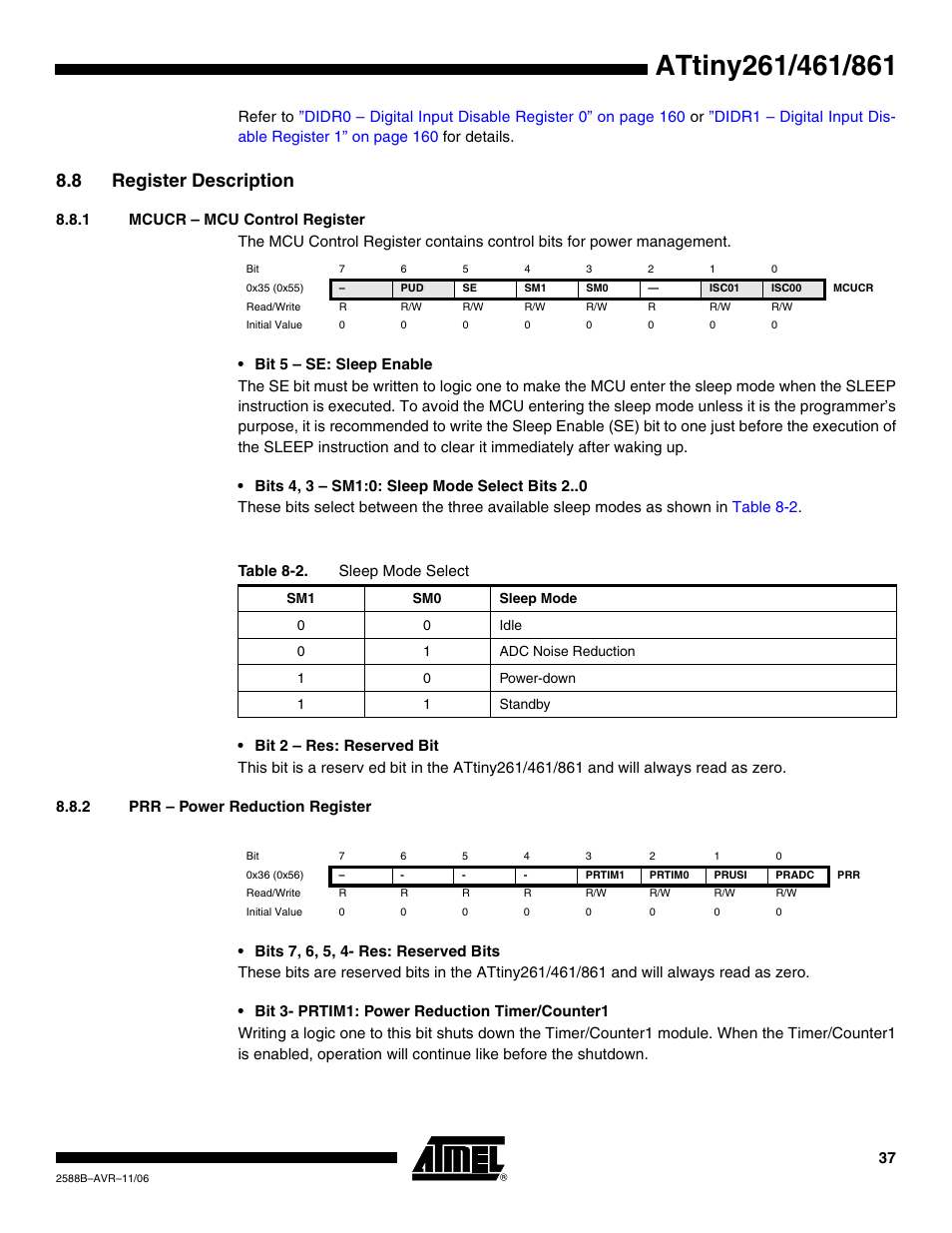8 register description, 1 mcucr - mcu control register, 2 prr - power reduction register | Rainbow Electronics ATtiny861_V User Manual | Page 37 / 236