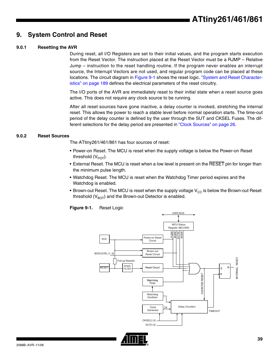 System control and reset, 1 resetting the avr, 2 reset sources | Rainbow Electronics ATtiny861_V User Manual | Page 39 / 236