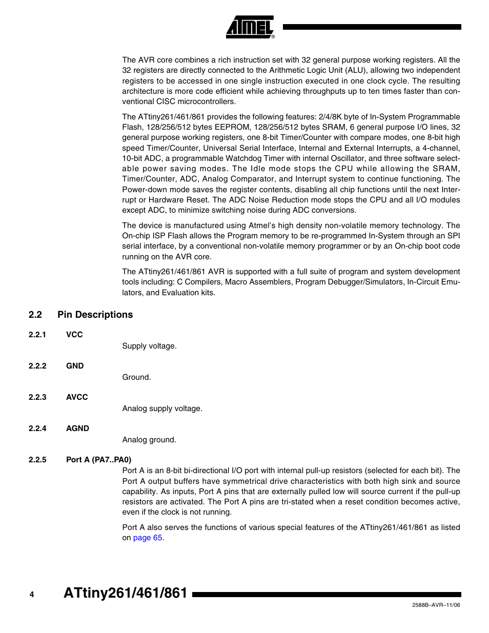 2 pin descriptions, 1 vcc, 2 gnd | 3 avcc, 4 agnd, 5 port a (pa7..pa0) | Rainbow Electronics ATtiny861_V User Manual | Page 4 / 236