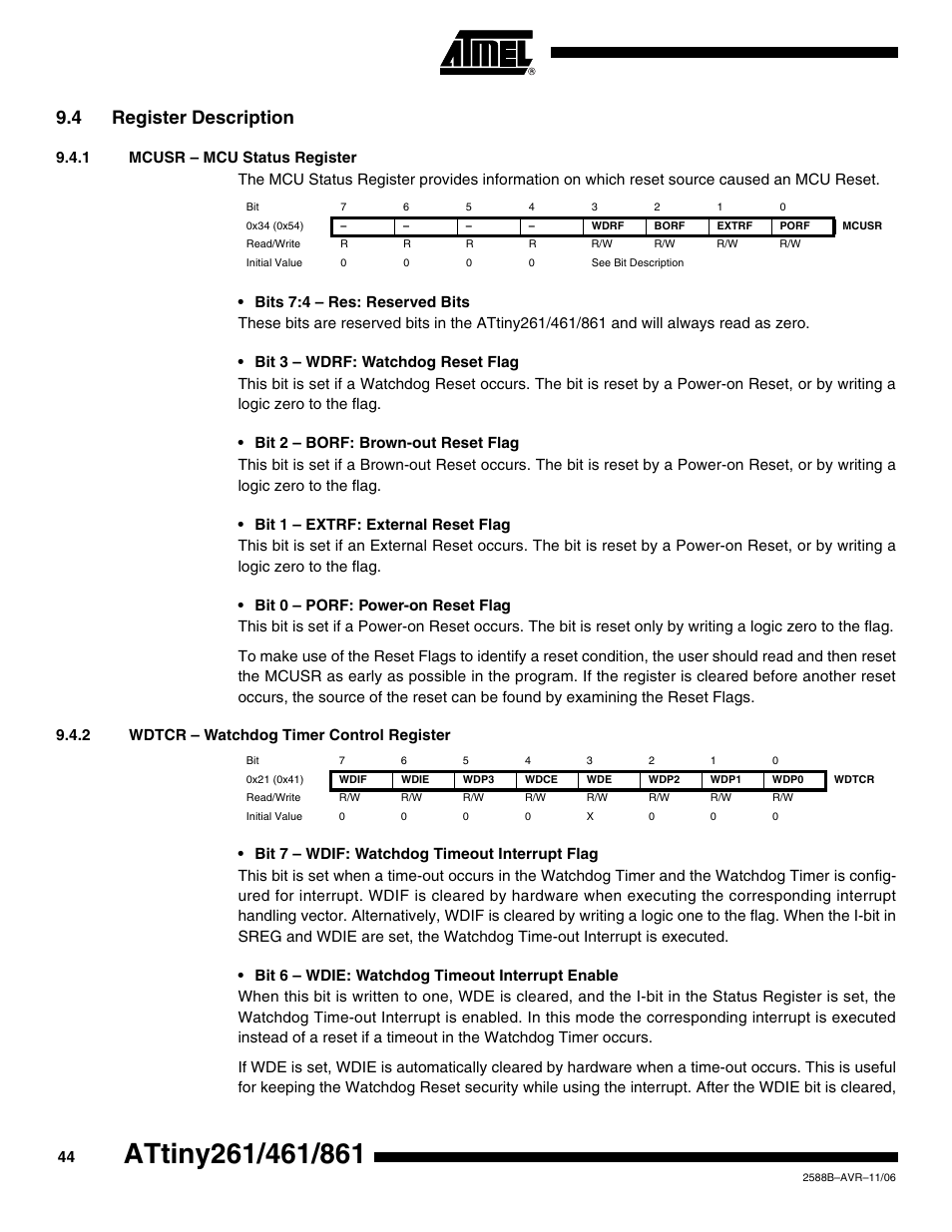 4 register description, 1 mcusr - mcu status register, 2 wdtcr - watchdog timer control register | Rainbow Electronics ATtiny861_V User Manual | Page 44 / 236