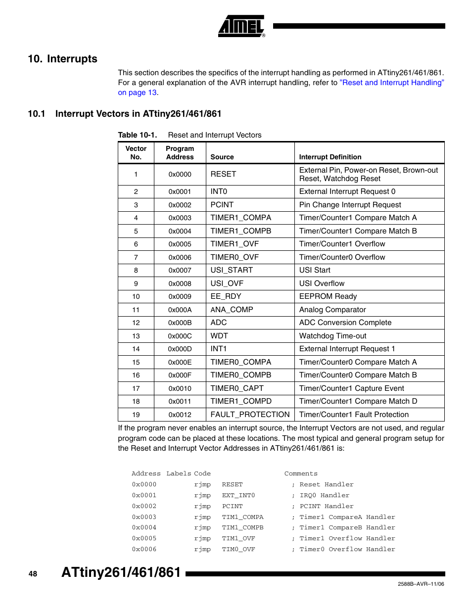 Interrupts, 1 interrupt vectors in attiny261/461/861 | Rainbow Electronics ATtiny861_V User Manual | Page 48 / 236
