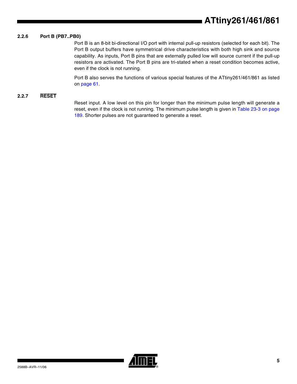 6 port b (pb7..pb0), 7 reset | Rainbow Electronics ATtiny861_V User Manual | Page 5 / 236