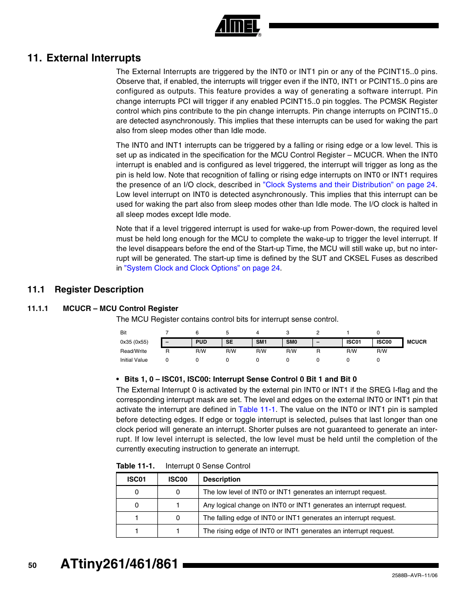 External interrupts, 1 register description, 1 mcucr - mcu control register | Rainbow Electronics ATtiny861_V User Manual | Page 50 / 236