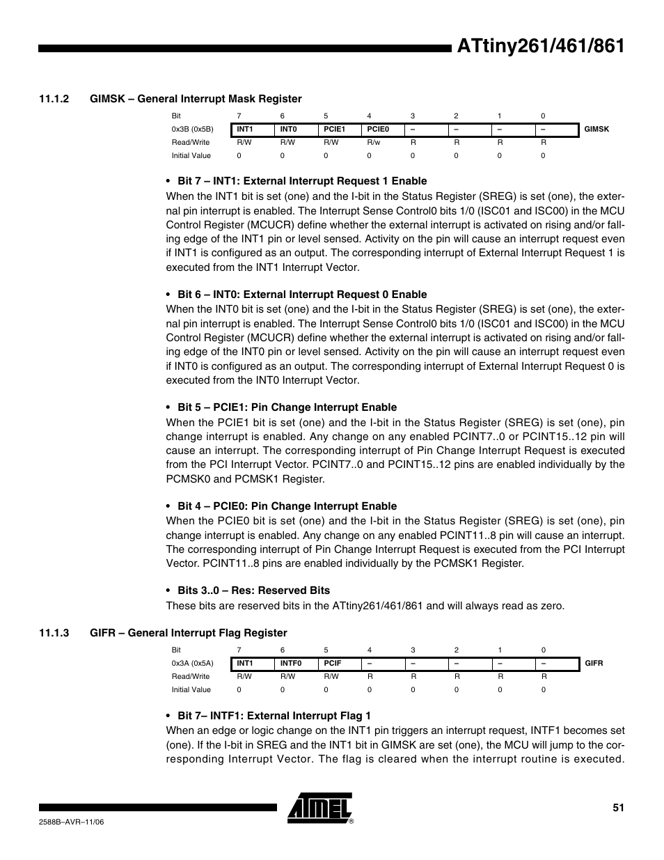2 gimsk - general interrupt mask register, 3 gifr - general interrupt flag register | Rainbow Electronics ATtiny861_V User Manual | Page 51 / 236