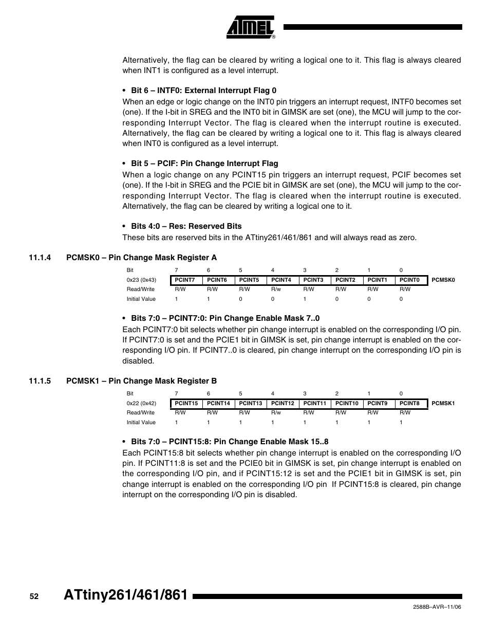 4 pcmsk0 - pin change mask register a, 5 pcmsk1 - pin change mask register b | Rainbow Electronics ATtiny861_V User Manual | Page 52 / 236