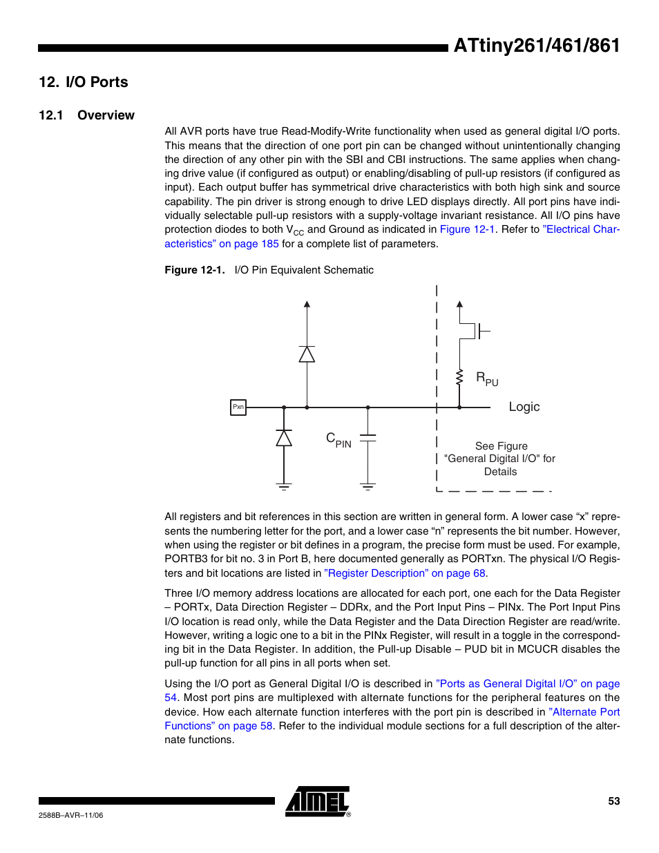 I/o ports, 1 overview | Rainbow Electronics ATtiny861_V User Manual | Page 53 / 236