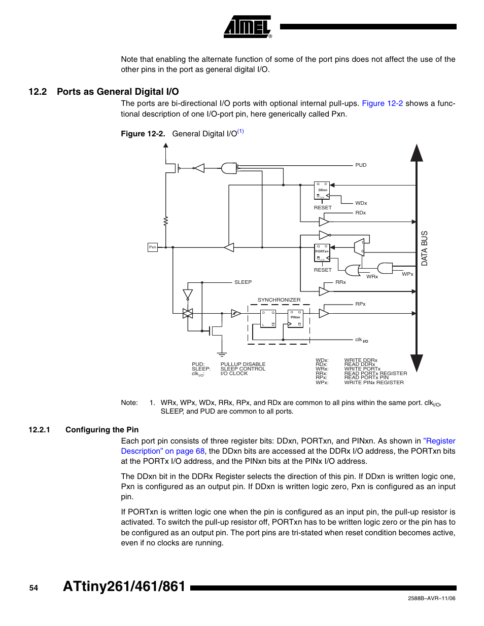 2 ports as general digital i/o, 1 configuring the pin, Da ta b u s | Sleep, and pud are common to all ports | Rainbow Electronics ATtiny861_V User Manual | Page 54 / 236