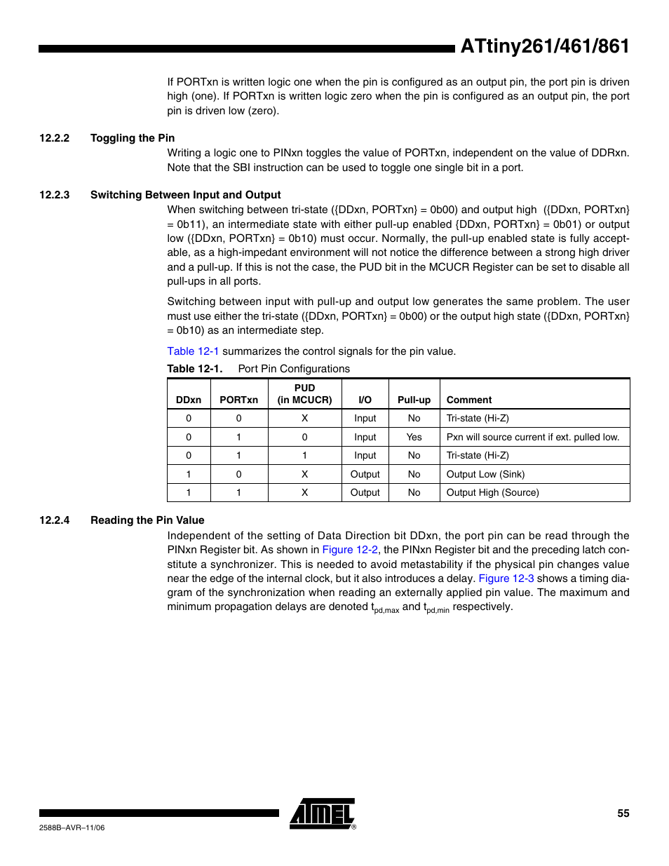 2 toggling the pin, 3 switching between input and output, 4 reading the pin value | Rainbow Electronics ATtiny861_V User Manual | Page 55 / 236