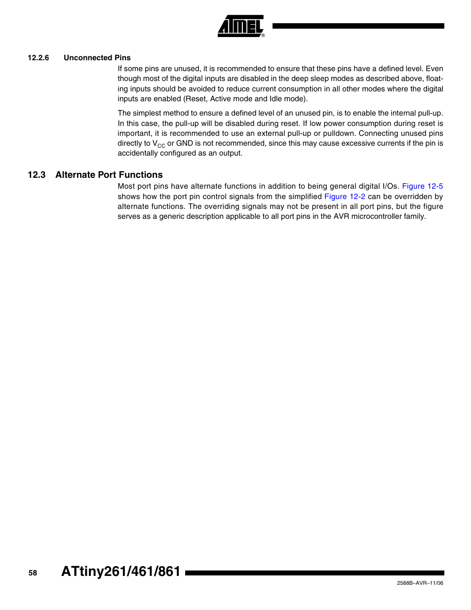 6 unconnected pins, 3 alternate port functions, Alternate port | Refer to the individual module sectio | Rainbow Electronics ATtiny861_V User Manual | Page 58 / 236