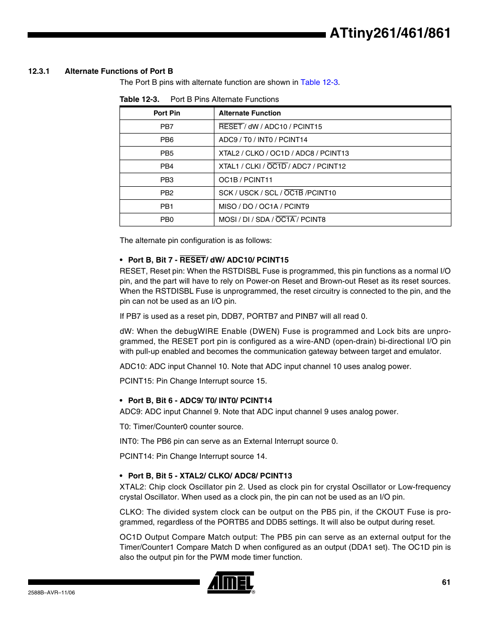 1 alternate functions of port b | Rainbow Electronics ATtiny861_V User Manual | Page 61 / 236