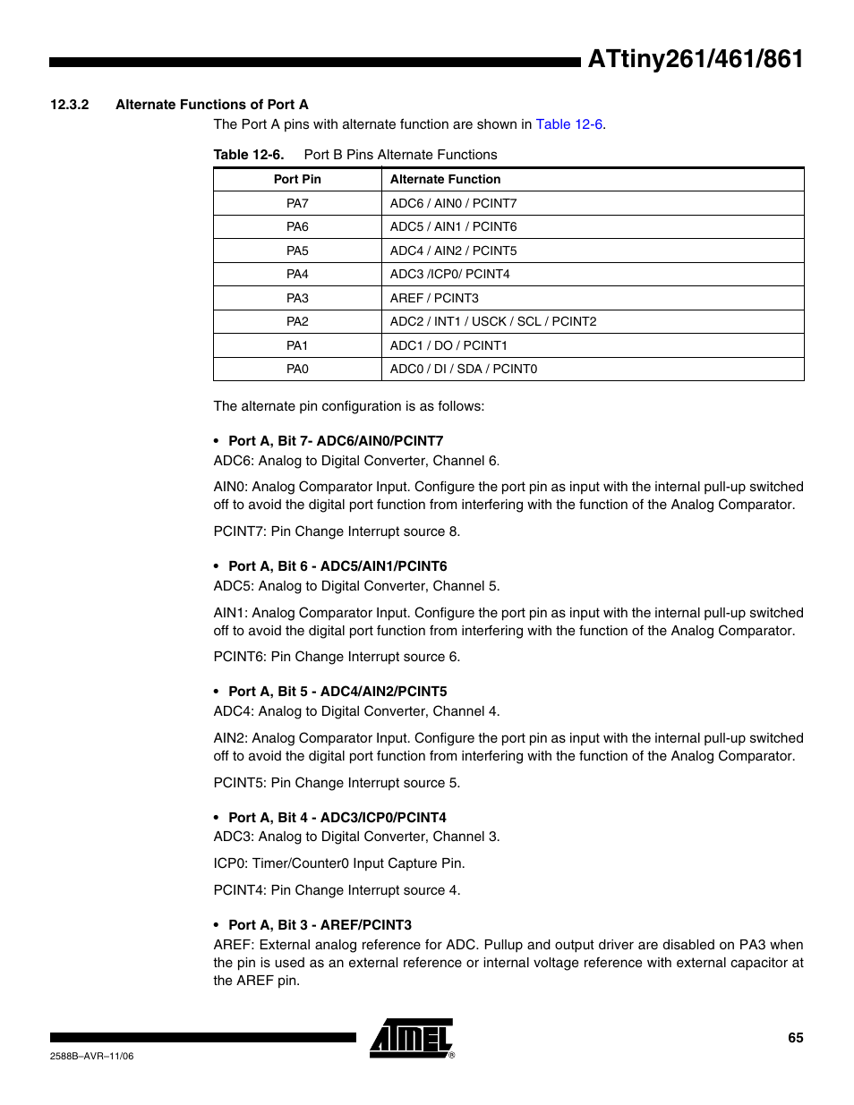 2 alternate functions of port a | Rainbow Electronics ATtiny861_V User Manual | Page 65 / 236