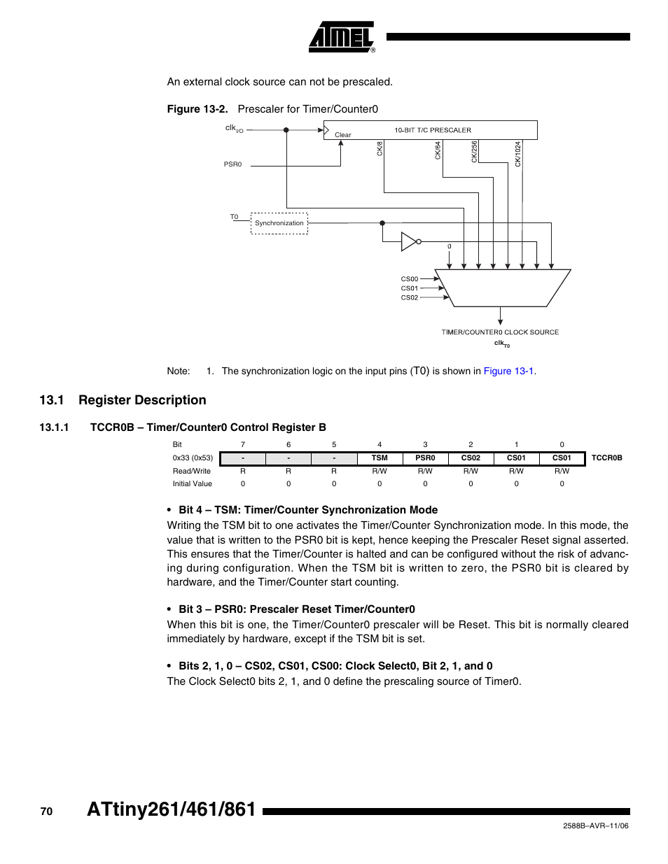 1 register description, 1 tccr0b - timer/counter0 control register b | Rainbow Electronics ATtiny861_V User Manual | Page 70 / 236