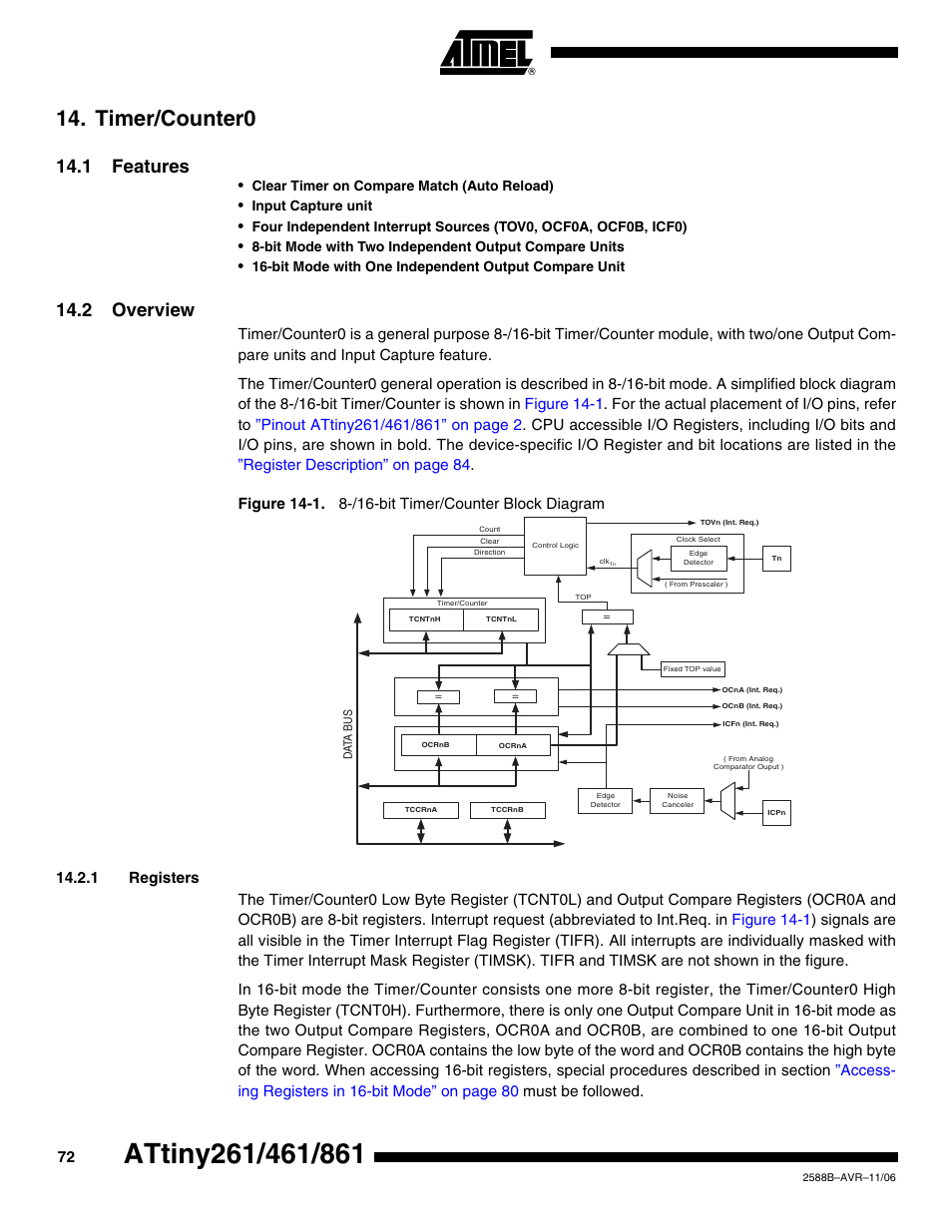 Timer/counter0, 1 features, 2 overview | 1 registers | Rainbow Electronics ATtiny861_V User Manual | Page 72 / 236