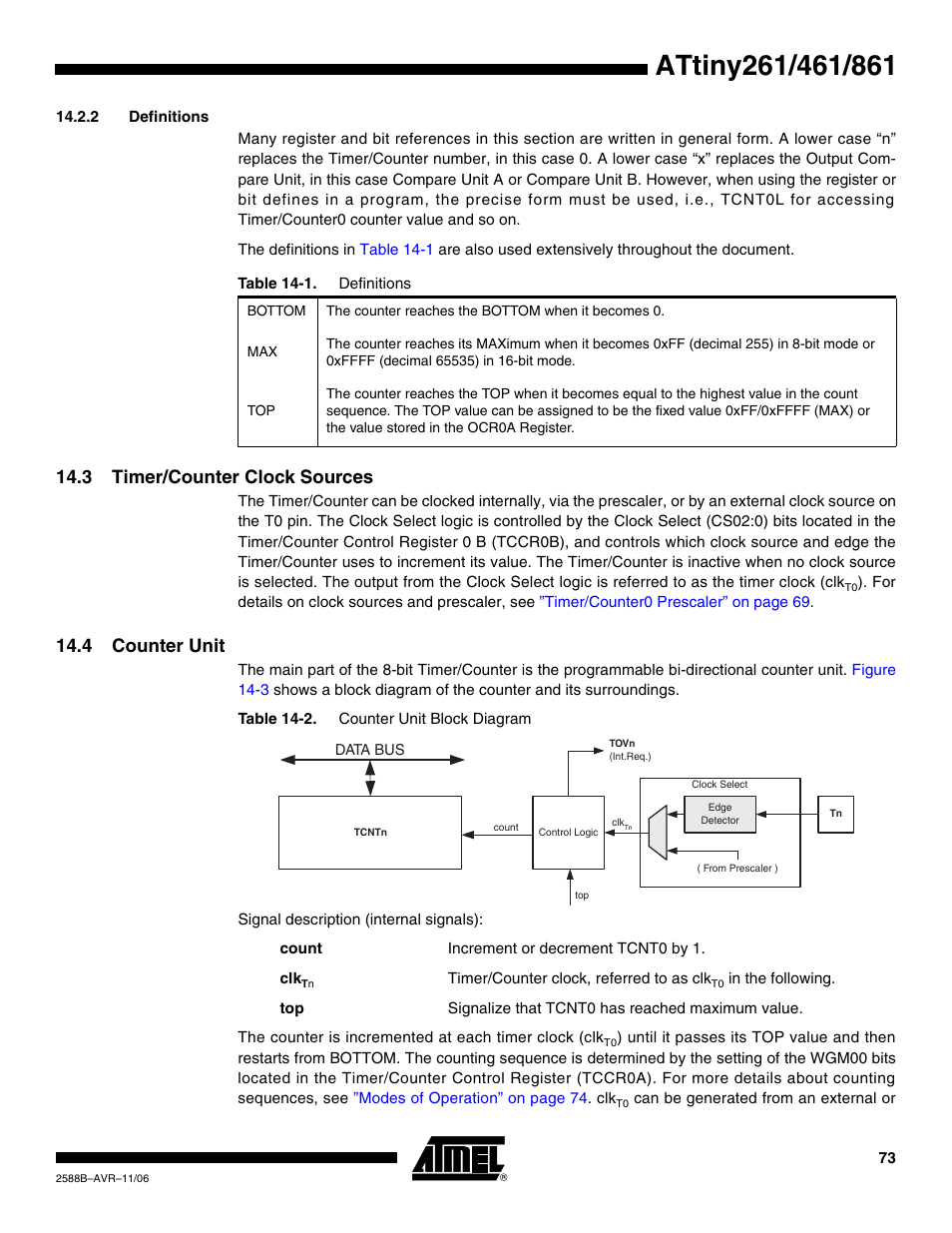 2 definitions, 3 timer/counter clock sources, 4 counter unit | Rainbow Electronics ATtiny861_V User Manual | Page 73 / 236