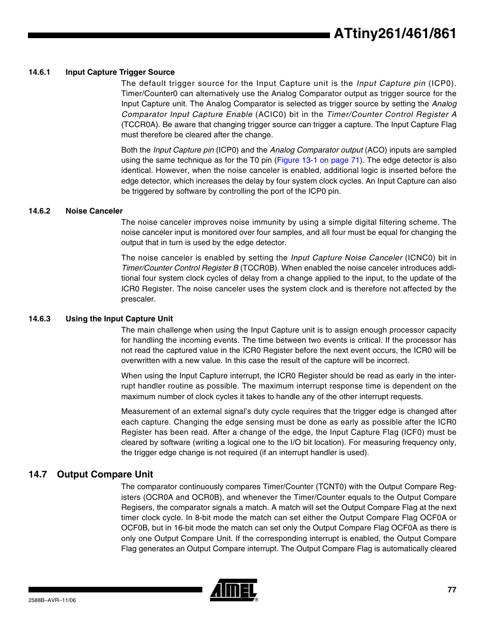 1 input capture trigger source, 2 noise canceler, 3 using the input capture unit | 7 output compare unit | Rainbow Electronics ATtiny861_V User Manual | Page 77 / 236